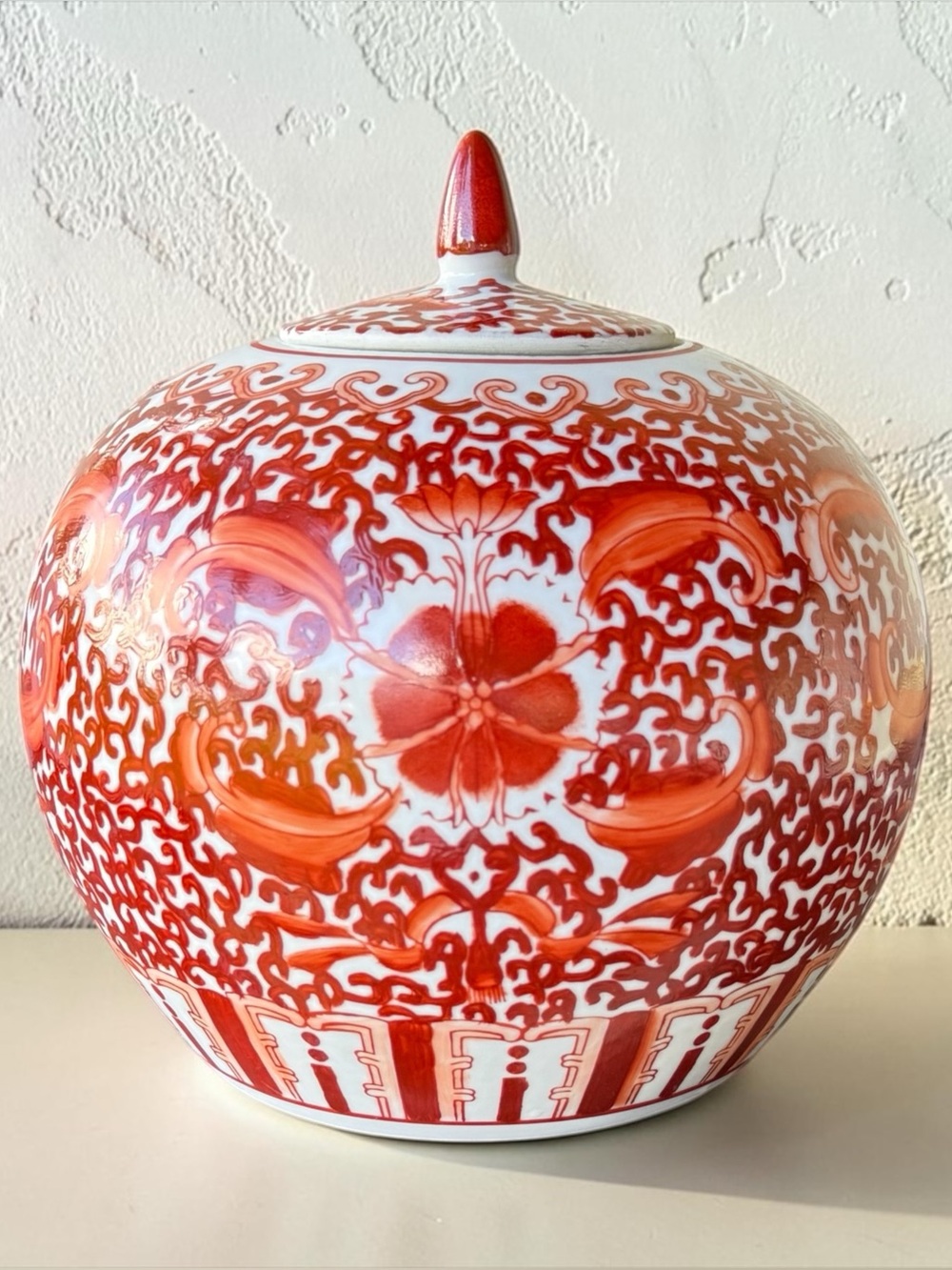 Chinoiserie Coral Iron-Red Twisted Lotus Porcelain Melon Ginger Jar Price:$295